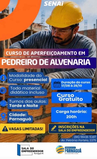 Parnaguá abre inscrições para curso gratuito de aperfeiçoamento em Pedreiro de Alvenaria